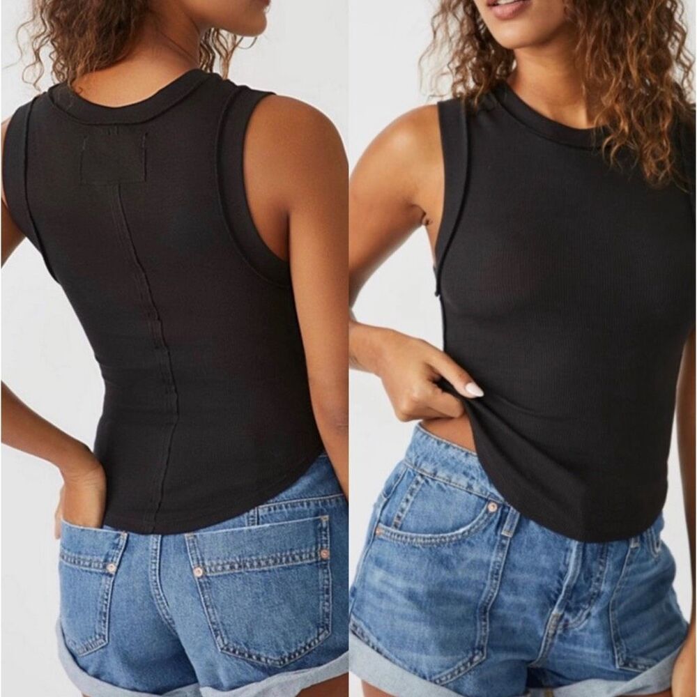 Free People X We The Free Kate Ribbed Stretch Tank Top Black Womens XL NEW
